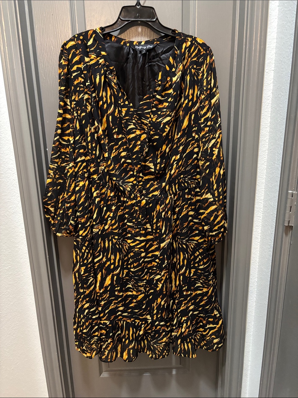 V-Neck Black Dress with Yellow Abstract Print